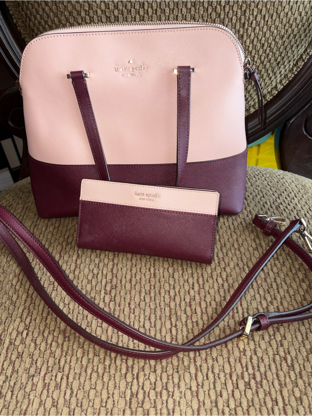 kate spade Two-Tone Pink and Burgundy Dome Satchel set with wallet